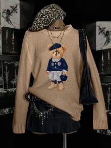 SHEIN EZwear Plus Size Women's Casual Brown Bear Graphic Sweater, Khaki Color Is Very Flattering! Suitable For Fall/Winter