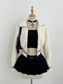 SHEIN Unity 1件女士杏色毛领开衫外套，休闲通勤冬季外套 - 杏色 - 查看 3