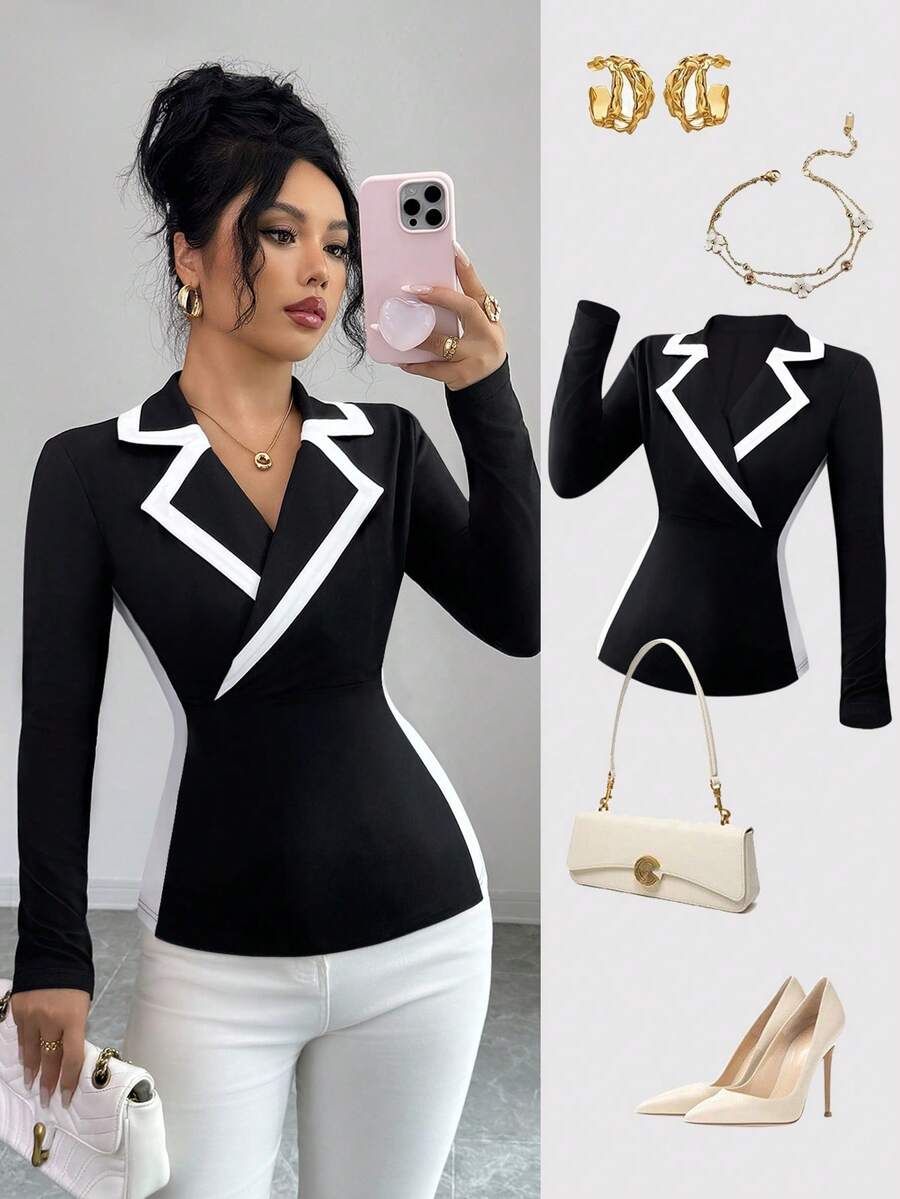 Elenzga 女士优雅修身针织拼接撞色翻领上衣/T恤，适合秋季、万圣节、圣诞节穿着。 - 黑與白 - 查看 1