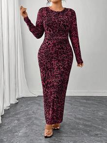 SHEIN Tall CURVE 优雅修身畅销时尚豹纹面料长袖连衣裙，咖啡色，高腰/加大码，春夏秋 - 玫紅色 - 查看 4