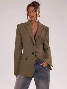 SHEIN BAE Women's Casual Single-Breasted Long Sleeve Blazer - Khaki - View 5