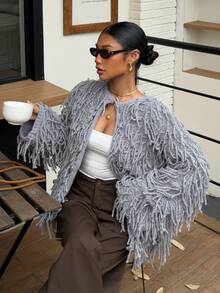 Ritzy Row 女士休闲圆领流苏针织开衫毛衣流苏灰色开衫 - 深灰色 - 查看 1
