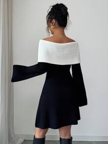 Rafferiza Váy ngắn chữ A tay loe dài phong cách Pháp thanh lịch giản dị tối giản ngày lễ hàng ngày màu đen và trắng tương phản cổ điển, thanh lịch, giản dị, tối giản, thích hợp cho mùa thu/đông, tiệc tùng, khách dự tiệc cưới, váy len nữ - Đen và trắng - Xem 2