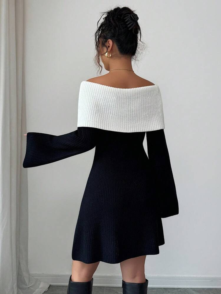 Rafferiza 法式复古优雅休闲简约假日日常露肩撞色黑白长喇叭袖A字短裙，适合秋冬季派对婚礼宾客女士毛衣裙 - 黑與白 - 查看 2