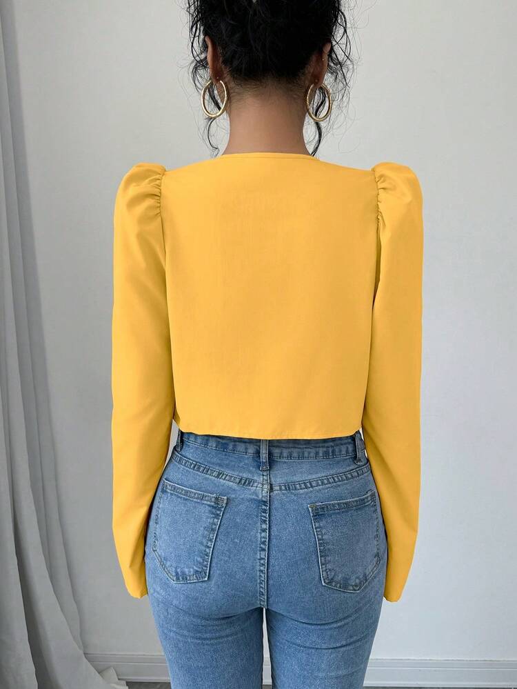 Selianne Puff Sleeve, Button Placket, Chinese Style Short Elegant Women Blouse - Yellow - View 2