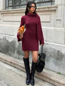 SHEIN EZwear 女士秋冬新款喇叭袖修身毛衣裙（配围巾） - 酒紅色 - 查看 5