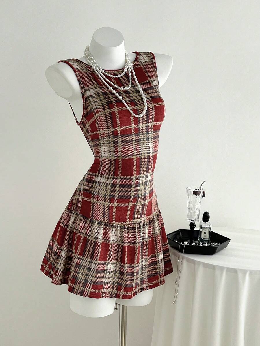 Elamini Váy ngắn kẻ caro chải kiểu cổ điển thời sinh viên - Đỏ - Xem 1