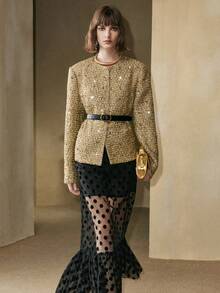 EMERY ROSE 女士亮片金属纱线面料圆领落肩长袖装饰花卉图案休闲外套 - 金色 - 查看 2