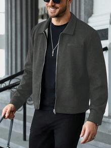 Manfinity CasualCool Áo khoác nam trơn màu có khóa kéo thường ngày, áo khoác crop mùa thu/đông cho nam, áo khoác nam, áo khoác mùa hè cho nam, áo khoác nam dài tay có khóa kéo thường ngày - Xám - Xem 3