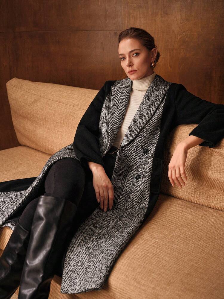 CONTRAST HERRINGBONE DOUBLE BREASTED OVERCOAT