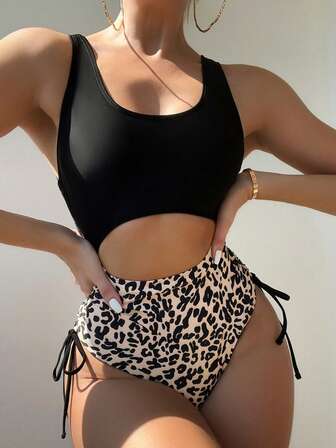 2025 Damen Leoparden-Muster Patchwork Ausschnitt Badeanzug, zufälliger Muster