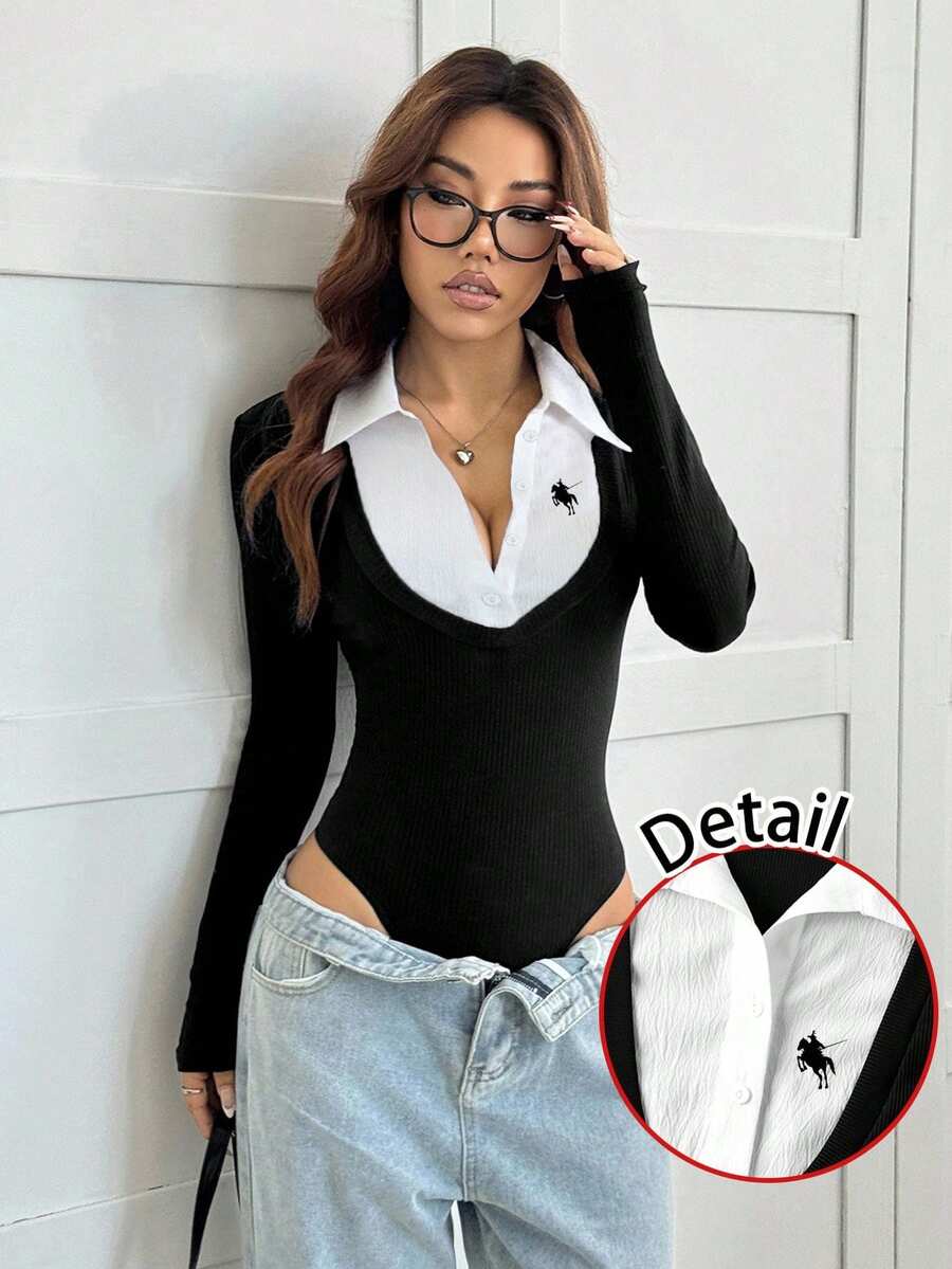 SHEIN EZwear 休闲简约马匹图案印花二合一衬衫领连体衣（女款） - 彩色 - 查看 1