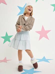 Mini mi Kids' Faux Fur Fluffy Collar Fabric Suede Chocolate Elastic Back Strap Slip On Platform Clogs – Soft & Comfy For Fun Days Out - Chocolate Brown - View 3