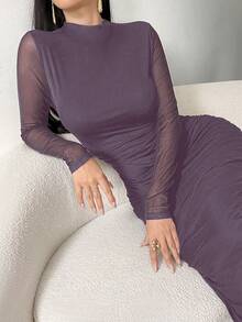 Modelyn Damen einfarbiges minimalistisches Alltagskleid mit Langarm-Mesh, Maxikleid, Abendkleid für Frauen