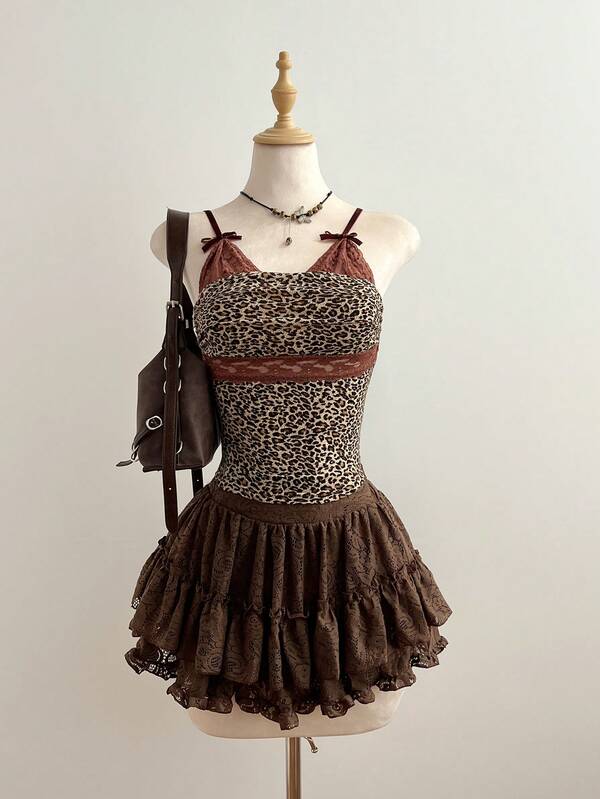 SHEIN SunnyBelle Women's Leopard Print Bow Lace Patchwork Camisole