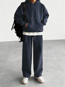 DAZY Navy Blue Men's Hooded Solid Color Sweatsuit Set, Autumn/Winter