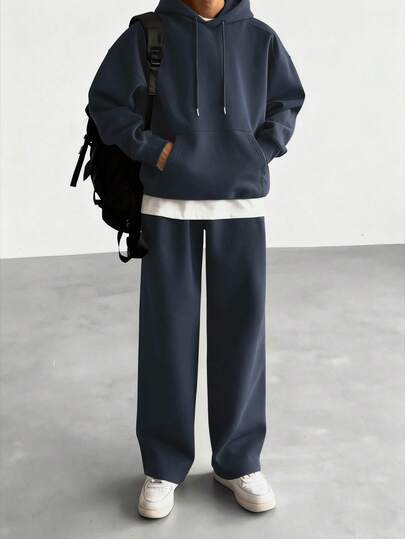 DAZY Navy Blue Men's Hooded Solid Color Sweatsuit Set, Autumn/Winter