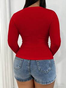 INAWLY 大码女式方领半拉链长袖休闲T恤，带金属扣 - 紅色 - 查看 2