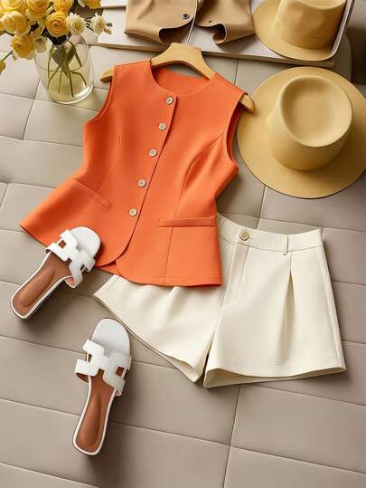 Regalyn Conjunto de dos piezas de chaleco y pantalones cortos de moda para mujer de talla grande, camisa de color contrastante, chaleco naranja/albaricoque con botones, diseño de cuello y puños plisados con textura de tela a rayas, adecuado para volver al colegio, graduación, San Valentín, festival de música, Día de la Madre, Halloween, Acción de Gracias, Pascua, Día Nacional, gala, cita, temporada de bodas, excursión al aire libre