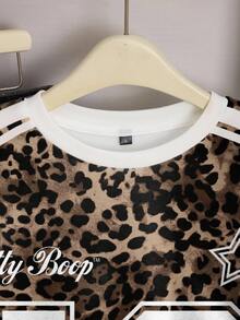 Betty Boop x SHEIN 女士豹纹卡通图案圆领长袖套头卫衣 - 白色 - 查看 4