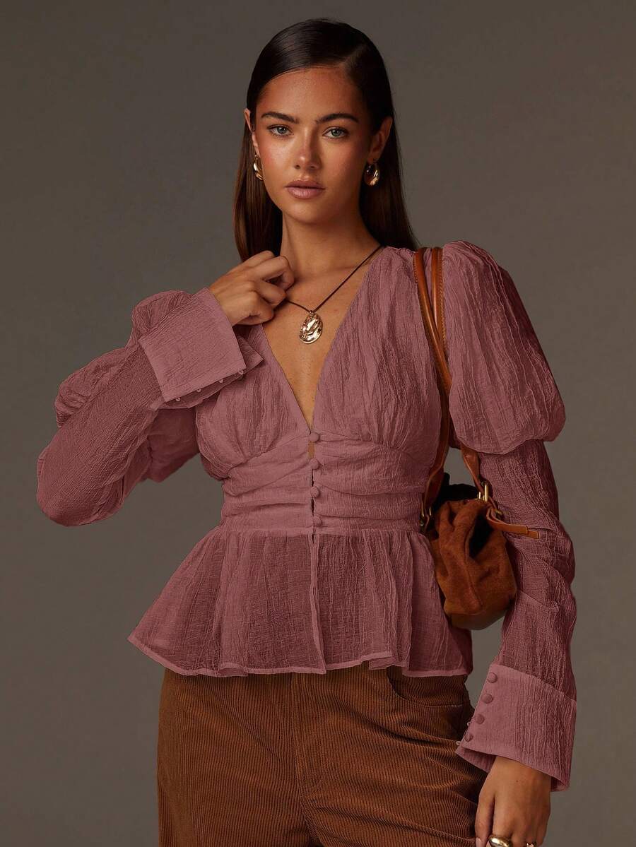 Athîral 女士休闲纹理泡泡袖荷叶边下摆衬衫，秋季 - 紅色 - 查看 1