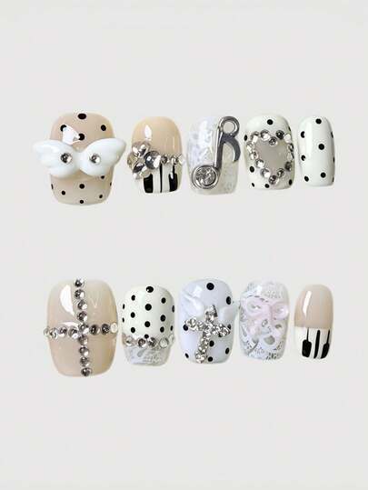 Kawaii Cute Lace Edged Romantic Heart Ballerina Style Bow White Wings Metal Music Note Pink Series Handmade False Nail Tips, Mass Produced Energetic Girl Wear, Suitable For Daily Outings And Dates