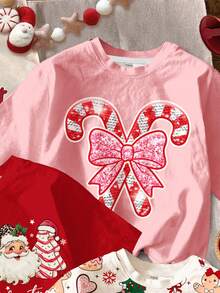 SHEIN 3pcs/Set Young Girl Casual Red,Summer,Satin Short Sleeve Round Neck T-Shirts,Christmas Santa Hat,Reindeer,Tree,Candy Cane Bow,Snowflake Prints,Daily - Multicolor - View 5