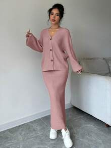 Elenzga 女士休闲通勤简约纯色V领落肩宽松纽扣开衫针织半身两件套，秋冬款 - 藕粉色 - 查看 5