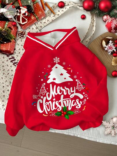 SHEIN Leap Crew Tween Girl Merry Christmas Cute Funny Cartoon Christmas Tree Print Sweatshirt,Red And White Autumn Birthday Festive Casual Loose Long Sleeve Top