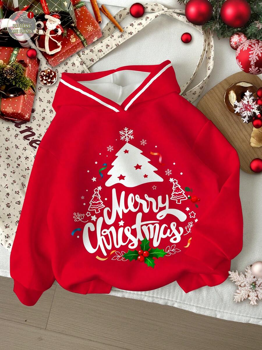 SHEIN Leap Crew 少女圣诞快乐可爱趣味卡通手绘英文字母圣诞树图案印花卫衣，红色，喜庆，亲子装，休闲宽松舒适长袖卫衣，适合秋冬季圣诞节穿着，时尚秋季新款 - 彩色 - 查看 1