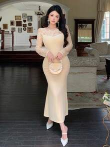 DAZY Vestido de media longitud con forro térmico, encaje y parches, estilo de cola de pez para mujer en otoño - Beis - Ver 6