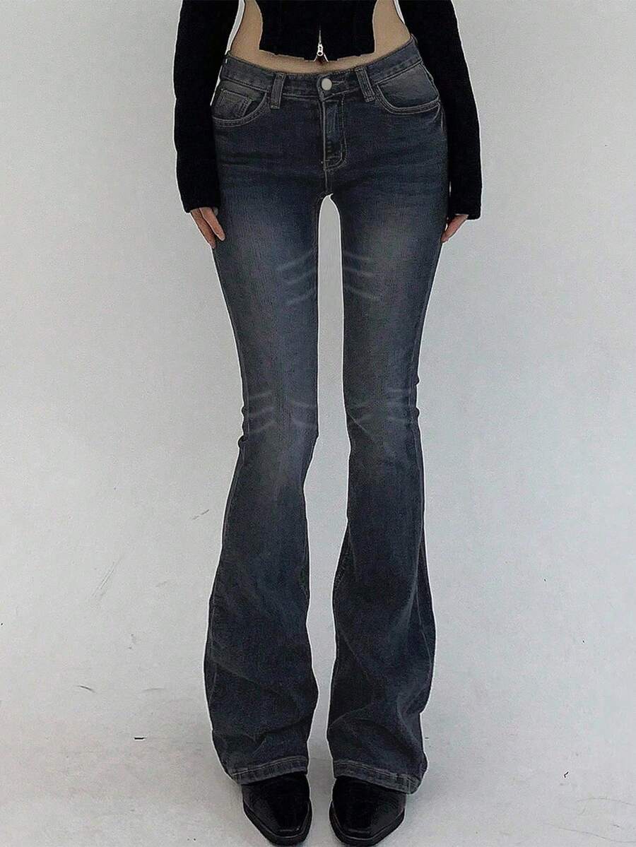 DAZY 女士修身低腰喇叭长款牛仔裤 低腰牛仔裤 - 灰色 - 查看 1