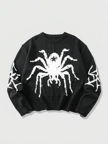 ROMWE MEN Goth Jersey de manga larga con patrón de araña tejido para hombre, estilo callejero vintage, invierno - Negro - Ver 3