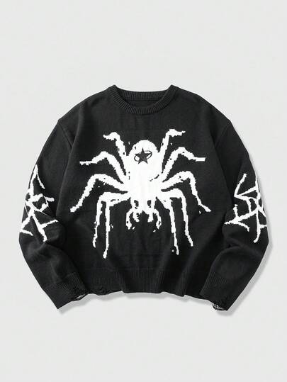 Men's Spider Jacquard Knit Long Sleeve Sweater, Vintage Street Style