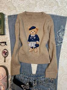 SHEIN EZwear Plus Size Women's Casual Brown Bear Graphic Sweater, Khaki Color Is Very Flattering! Suitable For Fall/Winter