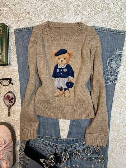 SHEIN EZwear 大码女款休闲棕熊图案毛衣，卡其色非常显气质！适合秋冬