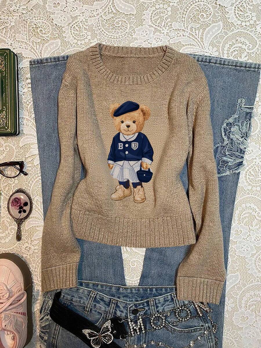 SHEIN EZwear Plus Size Women's Casual Brown Bear Graphic Sweater, Khaki Color Is Very Flattering! Suitable For Fall/Winter