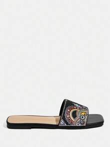 CUCCOO TILAWA Women's Black Print Rhinestone Embellished Flat Sandals For Christmas - Black - View 6