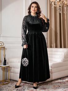 Modelyn Elegant Velvet Contrast Lace Beaded Long Sleeve A-Line Plus Size Dress, Regular Fit For Spring & Autumn