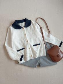 PrepCrw 1pc Tween Girls Elegant Urban Party Versatile Comfortable Warm Black Collar Colorblock Long Sleeve Knit Cardigan, Suitable For Casual Outings, Gatherings, Holidays, Parties, Autumn/Winter