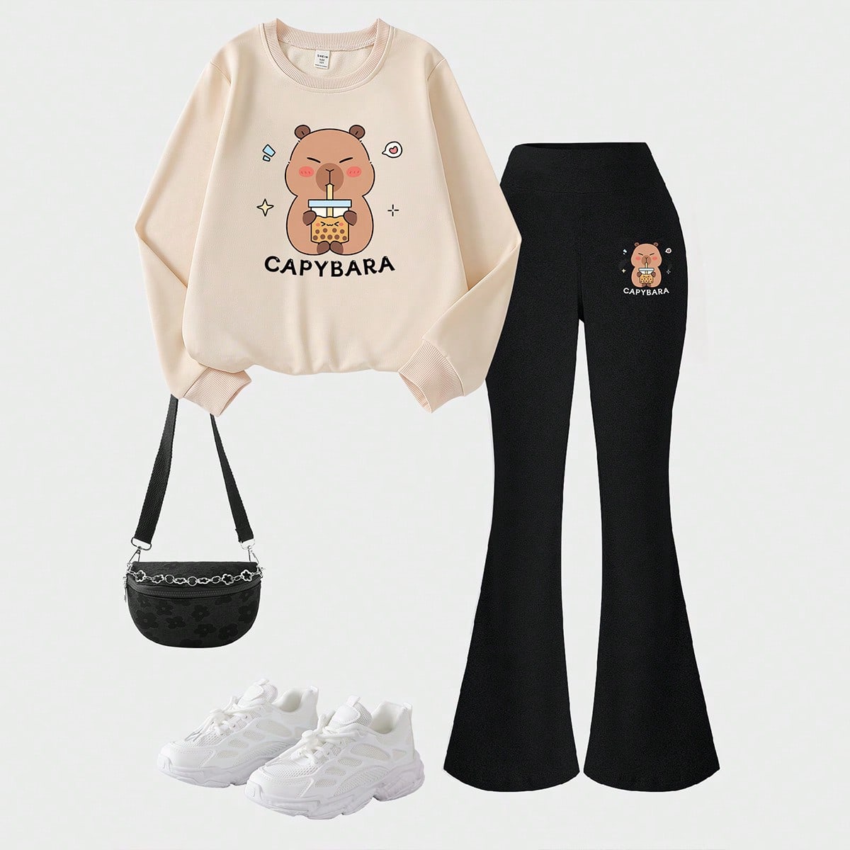 Set de 2 piezas: Sudadera de cuello redondo de manga larga con estampado de Capibara y té de burbujas, y pantalones acampanados para niñas preadoles