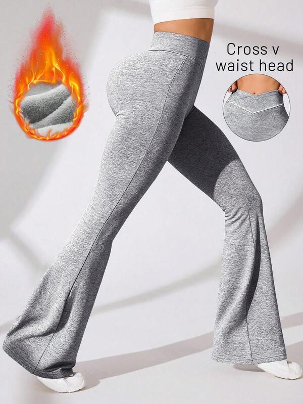 Easithlete Solid Color Elastic Waist V-Waist Flared Fleece Yoga Pants, Suitable For Yoga Exercises Flare Yoga Pants Women Flare Leggings Thermal Pants For Women Flare Workout Pants Flared Leggings Women Flare Workout Pants Flared Thermal Leggings Thermal Flare Yoga Pants