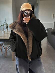 DAZY 女士拼接毛领宽松长袖连帽休闲街头风羽绒服，秋冬款 - 黑色 - 查看 3