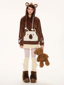 ROMWE Kawaii 女士可爱熊耳卫衣，毛绒面料，绣有熊掌图案 - 棕色 - 查看 5