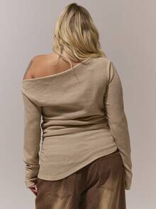 MUSERA Plus Long Sleeve Off The Shoulder Textured Plus Size Top Cosy, , Autum, Cute, Everyday Spring Summer Holiday - Camel - View 4