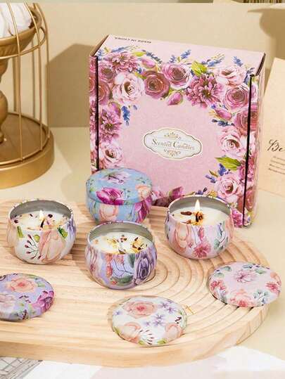 4 Cans/Set Of Hot Melt Wax Aromatherapy Set, Homemade Soy Candle Cups, Flower Candles For Weddings And Holiday Decorations, Perfect Gift For Family And Friends, Tin Cans Of Aromatherapy Candles For Birthday, Valentine's Day Or Mother's Day Travel, Aromatherapy Gift Box,Room Decor,Gifts Graduation