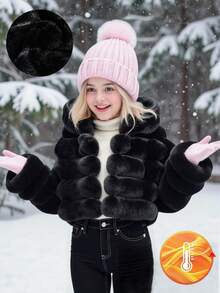 SHEIN Elladie kids 1件女童蓬松仿皮草长袖外套，优雅奢华短款宽松连帽大衣，适合秋冬季搭配裙子、牛仔裤，适合派对和休闲场合穿着。 - 黑色 - 查看 6