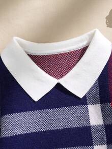 SHEIN Áo len dệt kim kẻ caro thời trang thường ngày cho bé trai, tay dài, mùa thu/đông - Xanh đậm - Xem 3