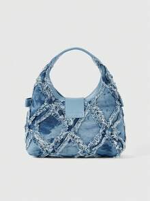 ROMWE Kawaii Túi Mini Hobo Bag Twist Lock Raw Trim Denim Underarm Bag, Túi Satchel khóa xoay thời trang, Túi đeo chéo Hobo đơn giản, Ví Jean cổ điển dành cho nữ - Màu xanh nhạt - Xem 3