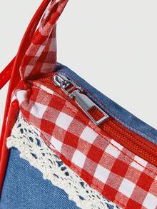 ROMWE Kawaii 1 件红色尼龙面料光滑拉链抽绳带纽扣装饰时尚休闲夏季新款独特斜挎包，适合女性日常使用 - 紅色 - 查看 4